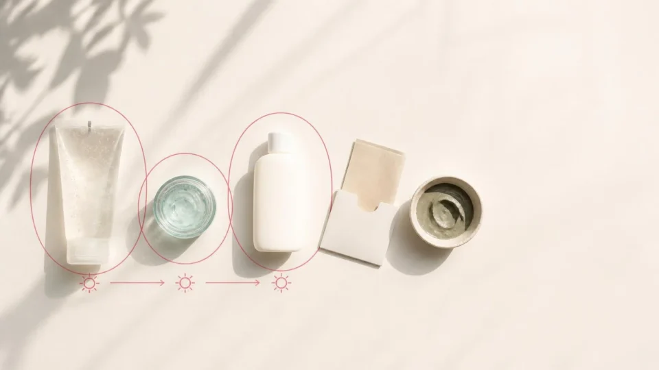 Three-step skin care routine for oily skin: gel cleanser, light moisturizer and sunscreen laid out on a warm surface