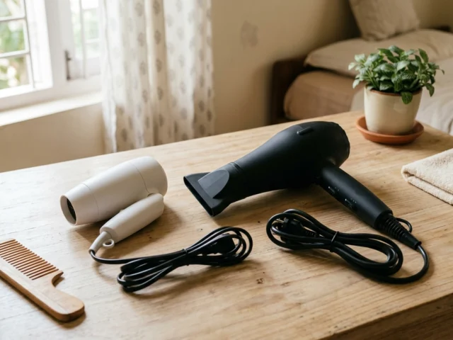 How to choose a hair dryer in India: a compact 1200W dryer beside a larger 2000W dryer