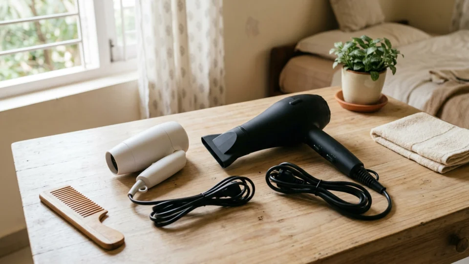 How to choose a hair dryer in India: a compact 1200W dryer beside a larger 2000W dryer