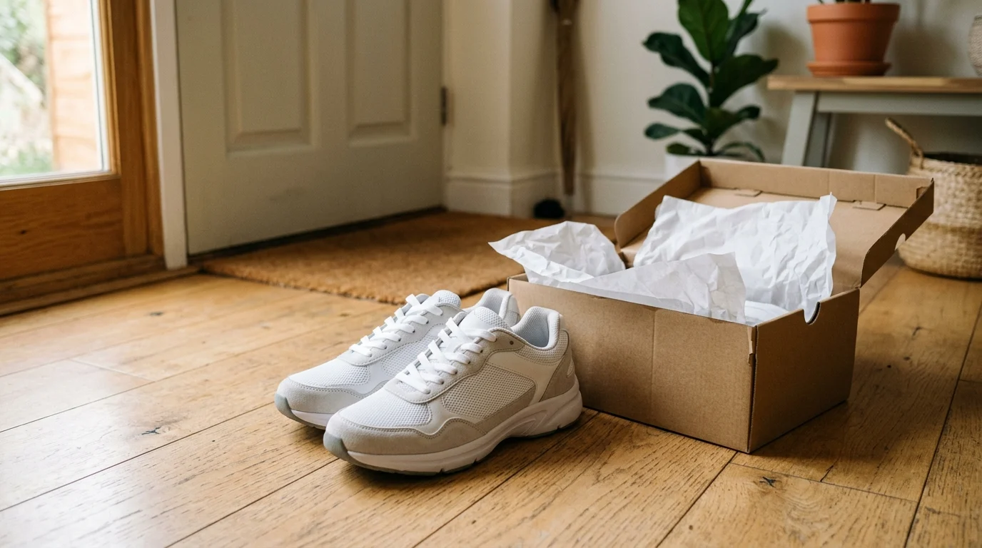 A pair of plain white walking shoes beside an open delivery box after an online order